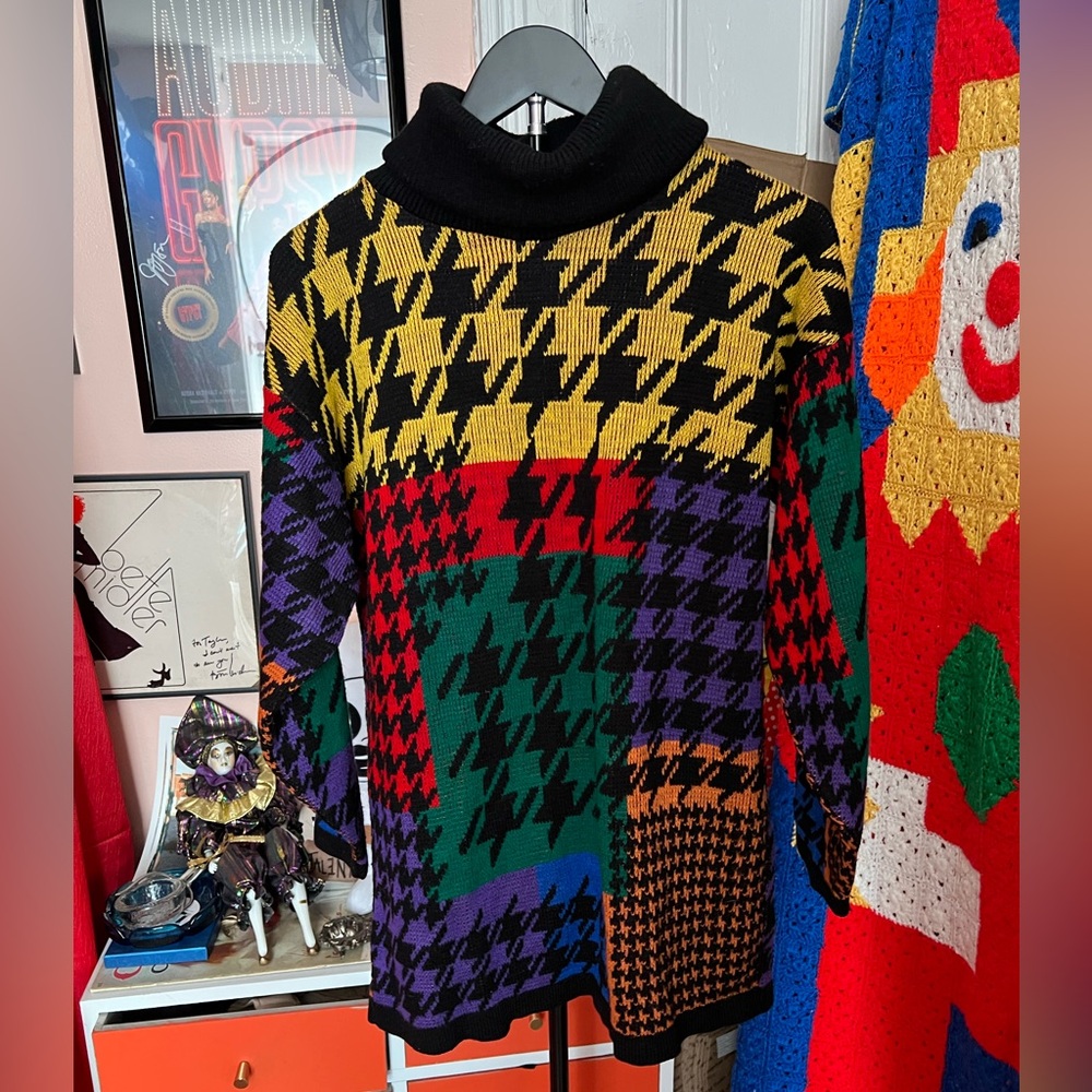 Colorful Houndstooth Turtleneck Sweater